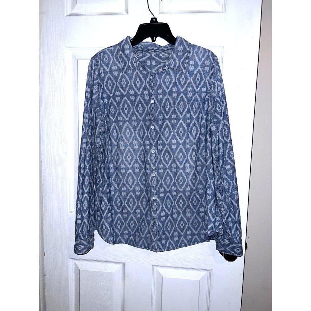 JCP JcPenney Womens Blue Southwestern Print Long Sleeve Button Down Sz 1X